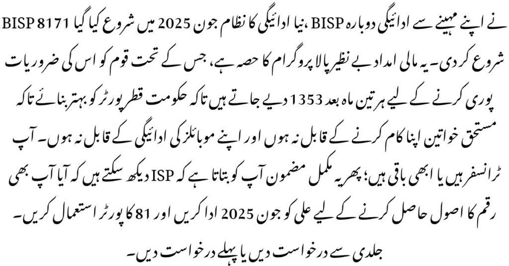 BISP 8171 New Payment System Launched